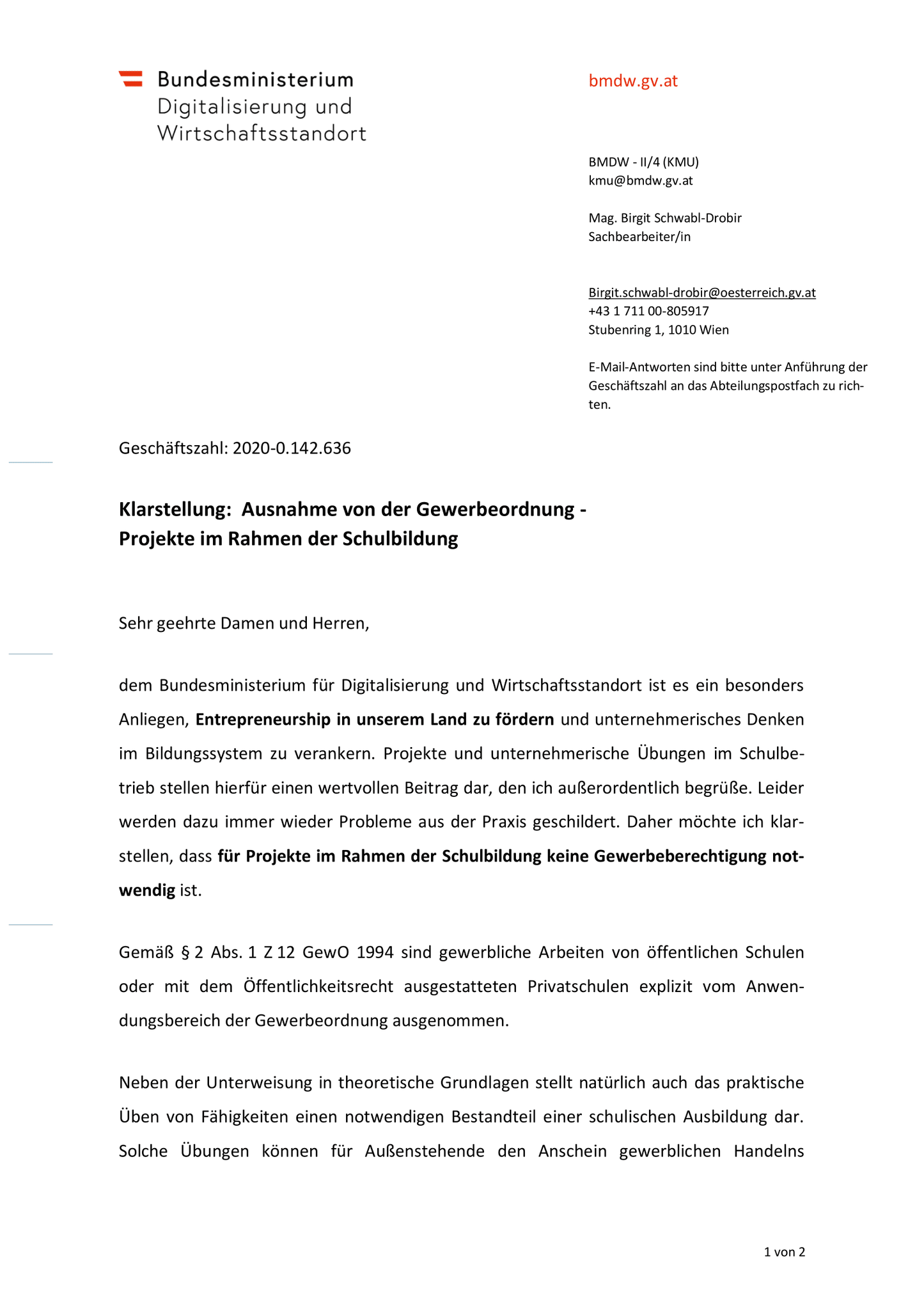 Ausnahme von der Gewerbeordnung - Projekte im Rahmen der Schulbildung