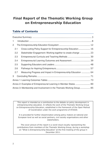 Report of the thematic working group on entrepreneurship education